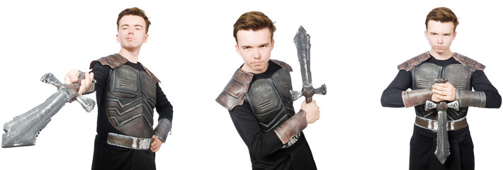 Young funny man in armour suit 
