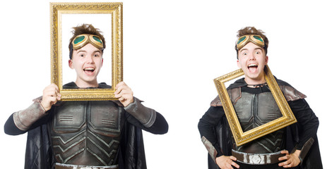 Young funny man in armour suit 