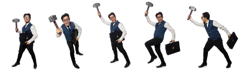 Obraz premium Young man holding hammer isolated on white