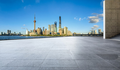 Empty square floor with panoramic city skyline in shanghai,china