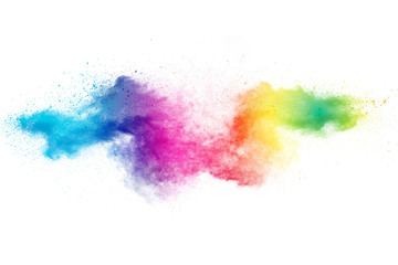 Fototapeta premium Colorful powder explosion on white background. Colored cloud. Colorful dust explode. Paint Holi.