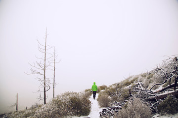Hiker walking on path in winter 