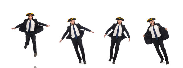 Young businessman wearing tricorn isolated on white