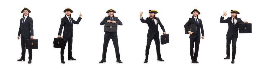 Businessman with tricorn and briefcase isolated on white