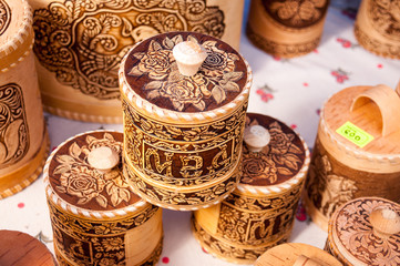 Russia, Khabarovsk, August 18, 2018: birch bark dishes for honey