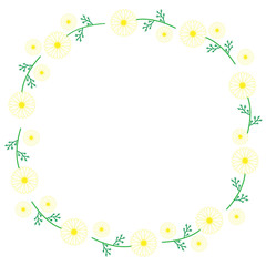 Obraz premium マーガレットの花と葉っぱの円形フレームのイラスト