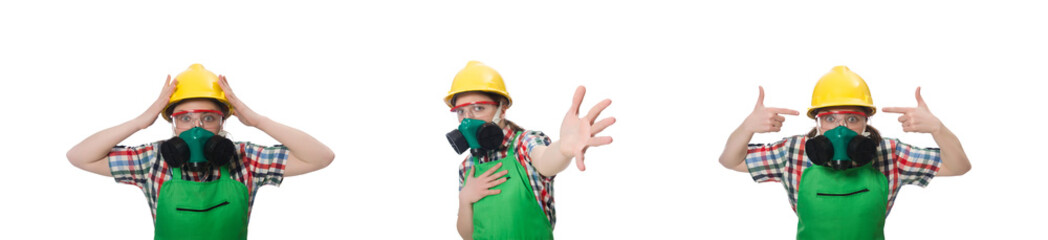 Female worker wearing coverall and gas mask isolated on white