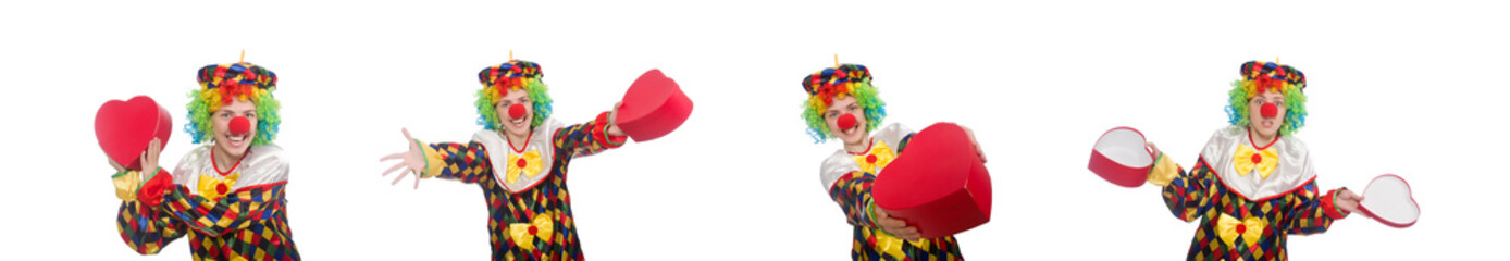 Clown with giftbox isolated on white
