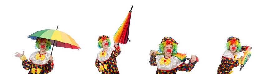 Clown with umbrella isolated on white