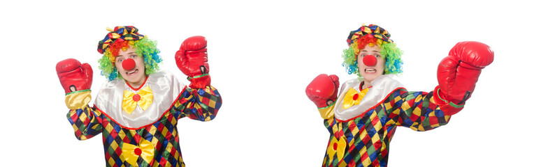 Clown with boxing gloves isolated on white