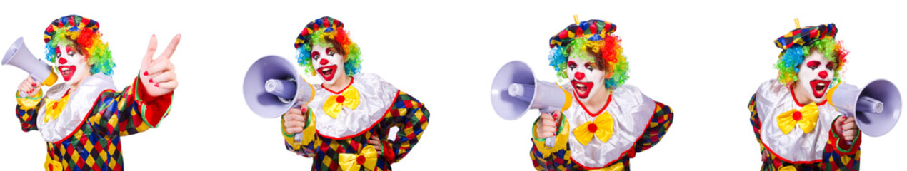 Funny male clown with megaphone