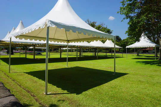 white tent with green grass on the garden park with shed - photo indonesia bogor