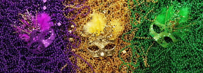 Purple, Gold, and Green Mardi Gras beads and masks background © Leigh Prather