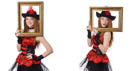 Woman pirate with picture frame isolated on white