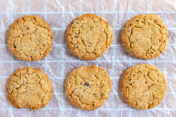 Oat cookies are homemade on white paper on the sieve. Its are a nutrient-rich food associated with protein and fiber.