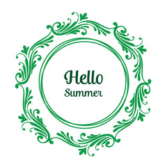 Vector illustration frame of red flowers and green leaves in bloom with lettering hello summer hand drawn