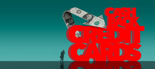 Cash back reward credit cards is the subject of this image of giant letters and little people in a public place.