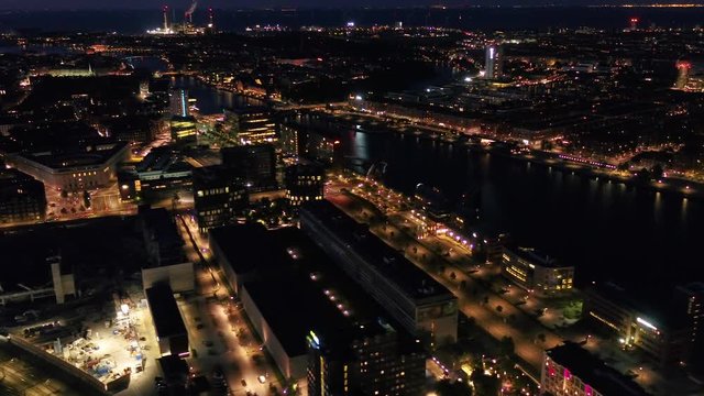 Aerial Denmark Copenhagen June 2018 Night 30mm 4K Inspire 2 Prores  Aerial video of downtown Copenhagen in Denmark at night.