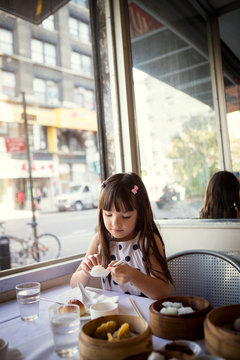 Girl (6-7) having lunch in restaurant 