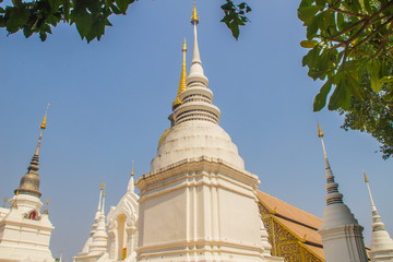Fototapeta premium Beautiful golden and white pagodas in Sri Lankan style at Wat Suan Dok (flower garden temple) with blue sky background. Wat Suan Dok, also known as Wat Buppharam, built in 1370, Chiang Mai, Thailand.