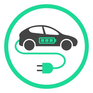Eco electric car sign. Green environment and recycle vector icons in a round frame isolated on a white background