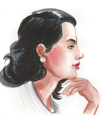 Pretty brunette woman. Ink and watercolor illustration