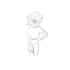 A girl with a flower instead of a head. isolated vector hand drawn, woman, one line, abstract sketch, lines drawing, figure of a woman or young girl.
