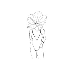 A girl with a flower instead of a head. isolated vector hand drawn, woman, one line, abstract sketch, lines drawing, figure of a woman or young girl.