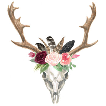 Rustic Watercolor Floral Deer Skull