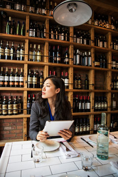 Businesswoman using digital tablet in restaurant 