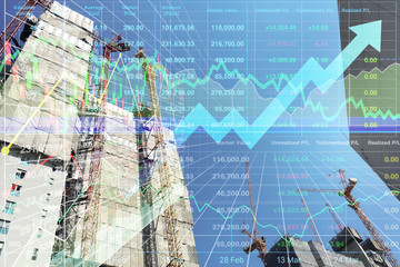 Stock financial index of successful investment on property real estate business and construction industry with working tower crane graph and chart on city background.