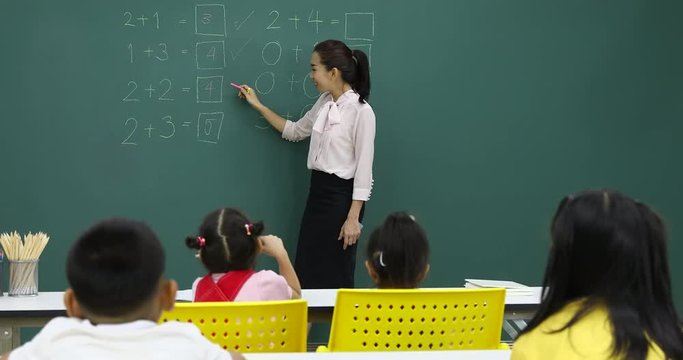 Asian teacher writing math problem on green board, student pay attention to her consciously, in math class.