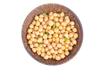 Canned chickpeas in wooden bowl.