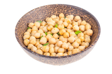 Canned chickpeas in wooden bowl.