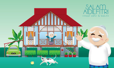 A Muslim family celebrating Raya festival in their traditional Malay style house. Caption: happy Hari Raya. Vector.