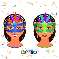 Character of beautiful girls wearing party mask for Brazil Carnival celebration.