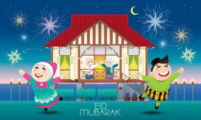 A Muslim family celebrating Raya festival in their traditional Malay style house. Caption: happy holiday. Vector.