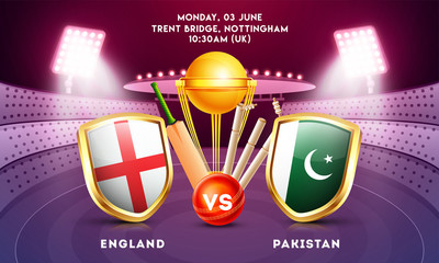 Cricket match between England vs Pakistan with country flag shields and cricket equipments on night stadium view background.