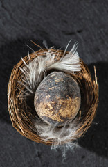 Eggs in nest and white feathers.