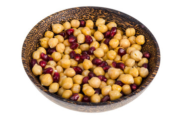 Healthy vegetarian food, boiled chickpeas with pomegranate seeds.