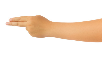 Human hand in reach out one's hand and counting number two or gun sign gesture isolate on white background with clipping path, High resolution and low contrast for retouch or graphic design
