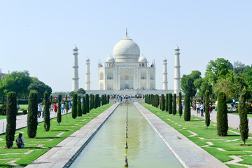 Agra, India, Jan 2019: The Taj Mahal, "Crown of the Palaces", "jewel of Muslim art" in evening Sunlight reflection. Its a mausoleum of Mughal emperor Shah Jahan, built for favourite wife Mumtaz Mahal