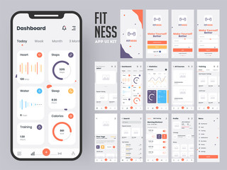 Fitness app material design with flat ui web screens including sign in, create profile, workout and statistics features for mobile apps and responsive website. - obrazy, fototapety, plakaty