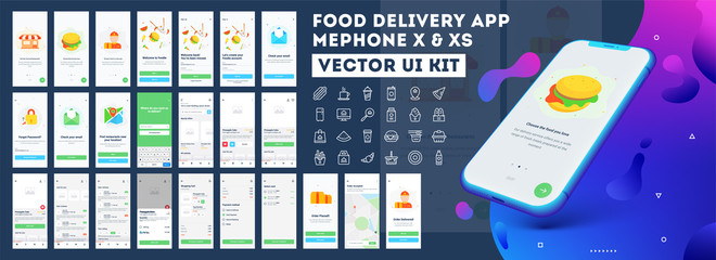 Food delivery mobile app ui kit including sign up, food menu, booking and home service type review screens. - obrazy, fototapety, plakaty