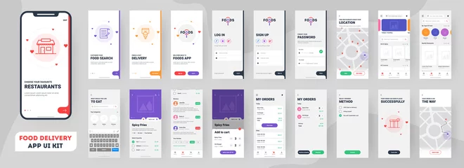 Fotobehang Food delivery mobile app ui kit including sign up, food menu, booking and home service type review screens. © Abdul Qaiyoom