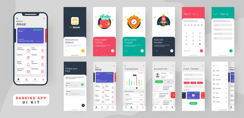 Banking app ui kit for responsive mobile app or website with different layout including login, create account, user profile, transaction and notification screens. - obrazy, fototapety, plakaty