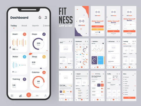 Fitness app material design with flat ui web screens including sign in, create profile, workout and statistics features for mobile apps and responsive website.