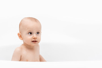 Handsome boy preschooler bathing in the bathroom clean and hygienic. white background place for text