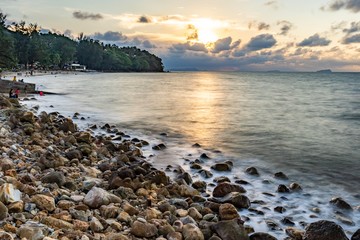Long exposure shot of Stony Beach at Permai Rainforest Kuching, during sunset