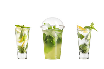 Mojito cocktail with lime and mint in highball glass. Set of mojitos.